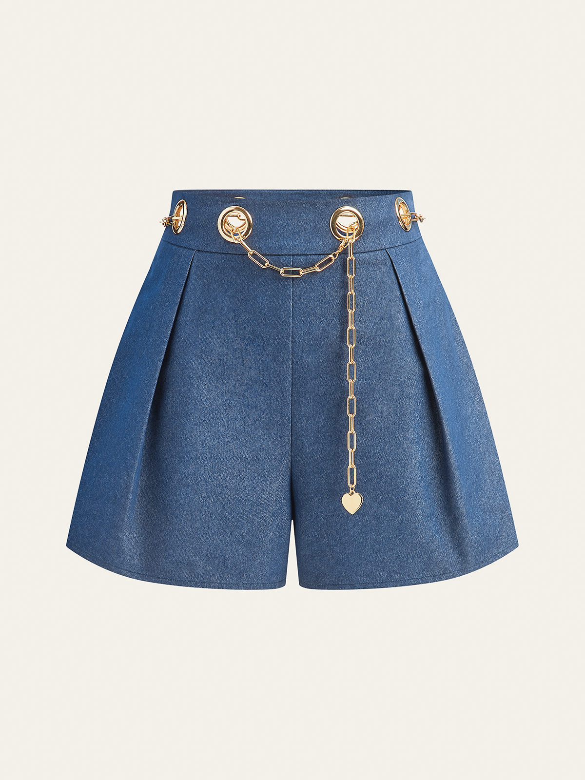 Faux Denim Shorts with Metal Chain Belt-Chicvia
