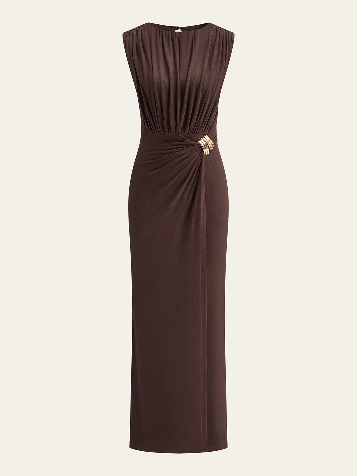 Metal Buckle Sleeveless Ruched Maxi Dress-Chicvia
