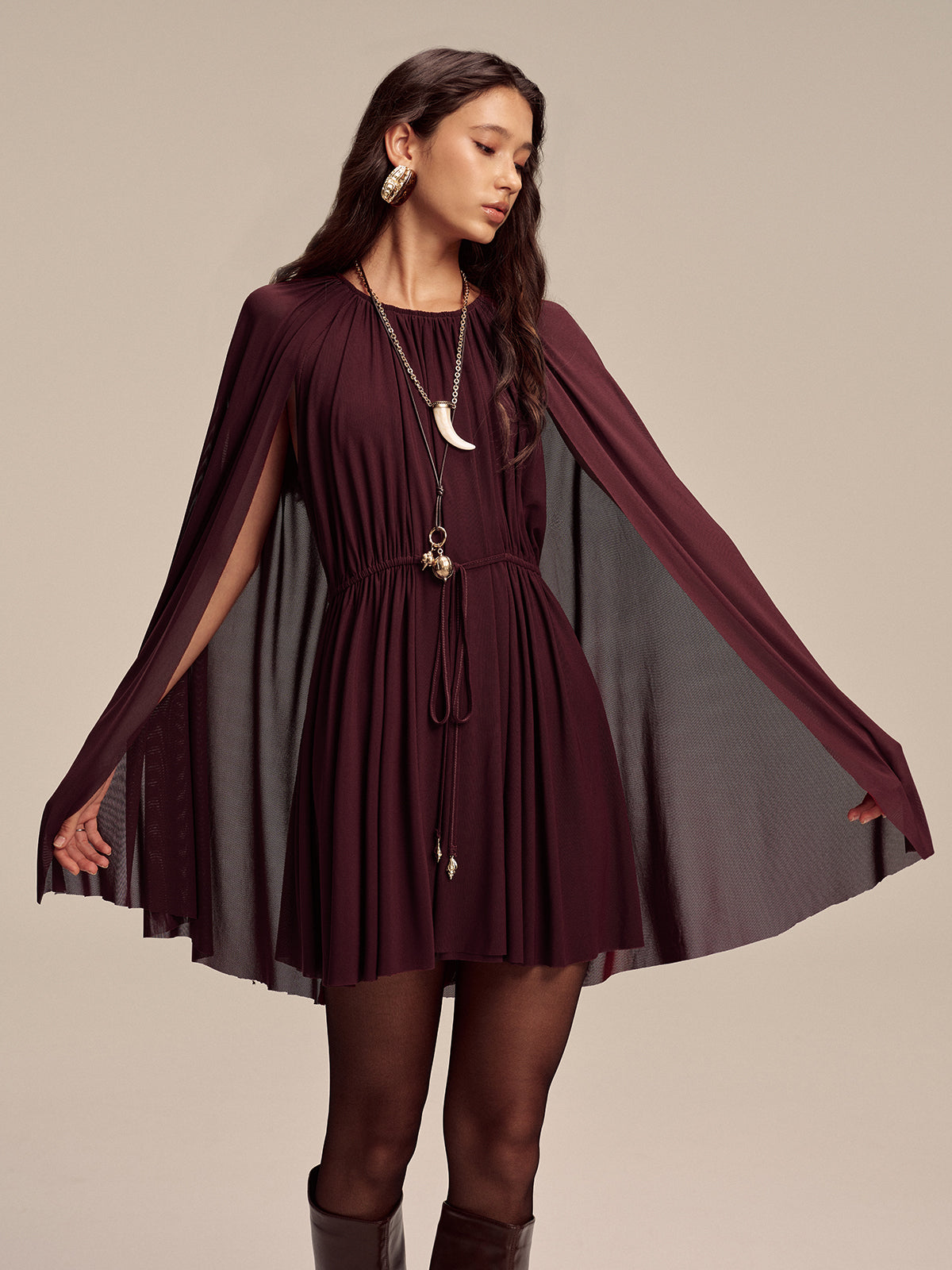 Mesh Cape Sleeve Tie-Waist Mini Dress-Chicvia