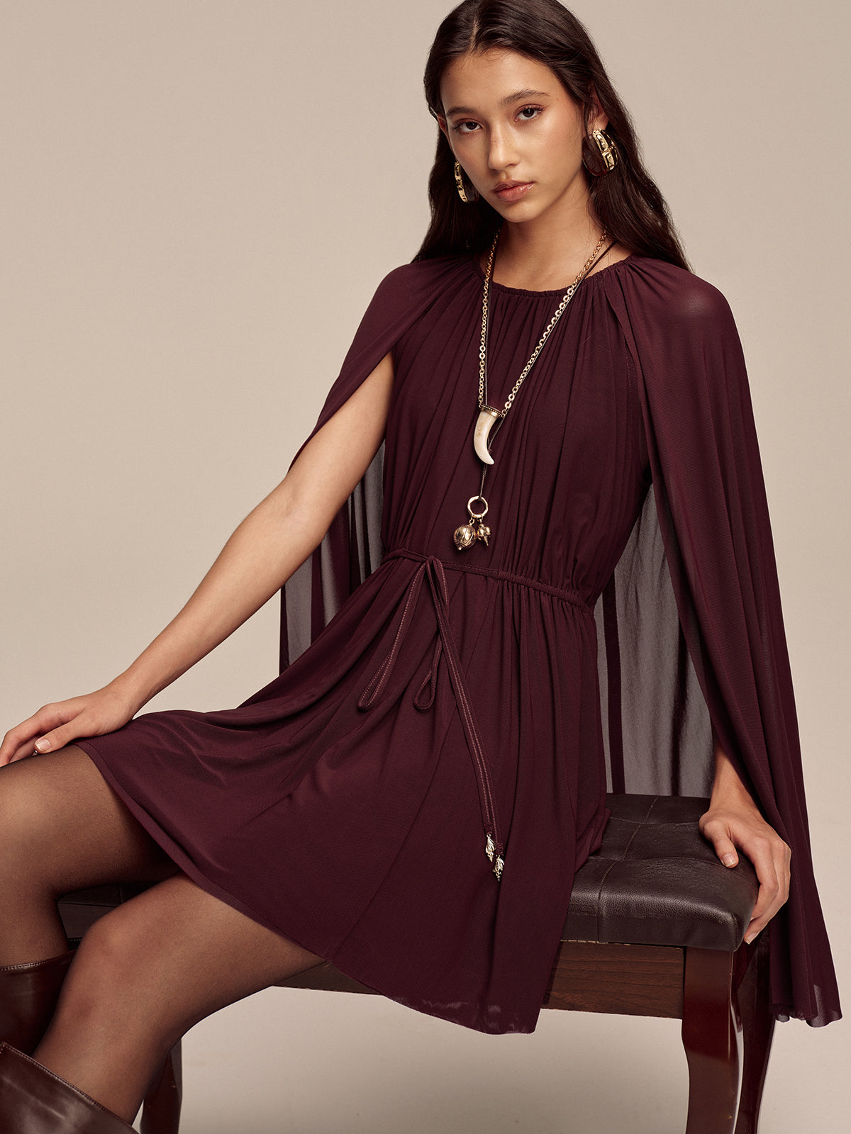 Mesh Cape Sleeve Tie-Waist Mini Dress-Chicvia