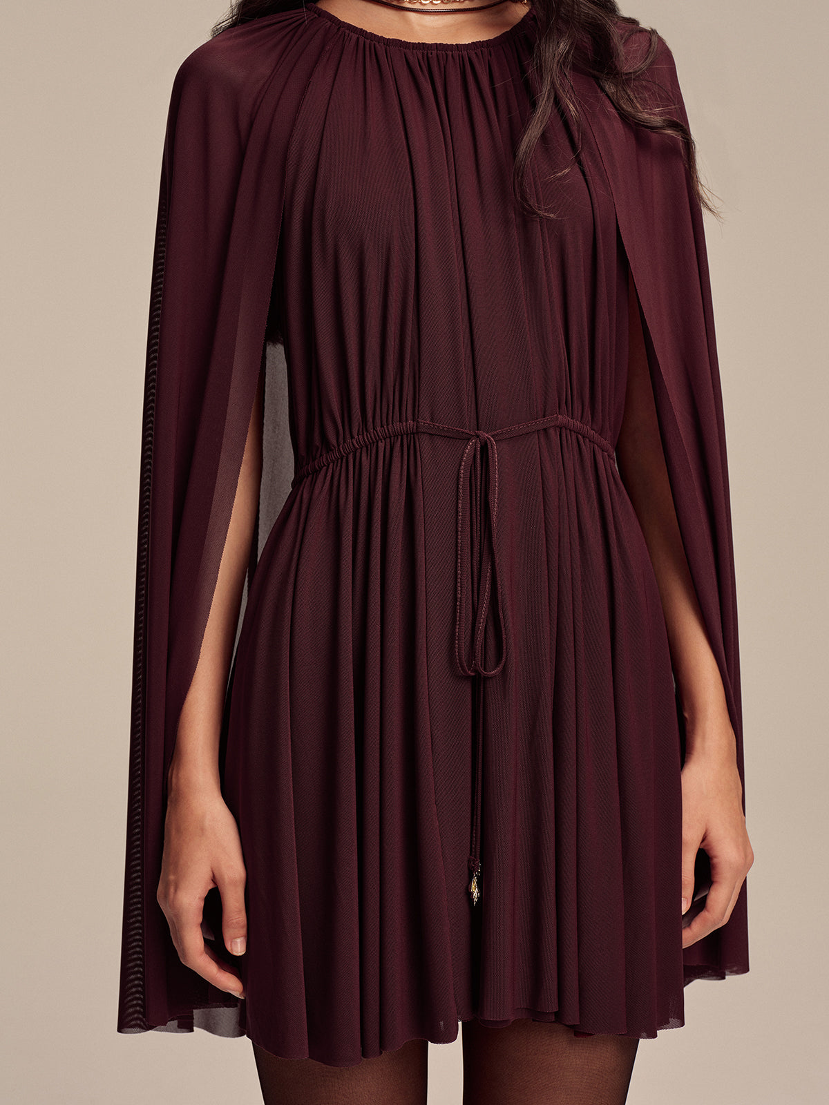 Mesh Cape Sleeve Tie-Waist Mini Dress-Chicvia