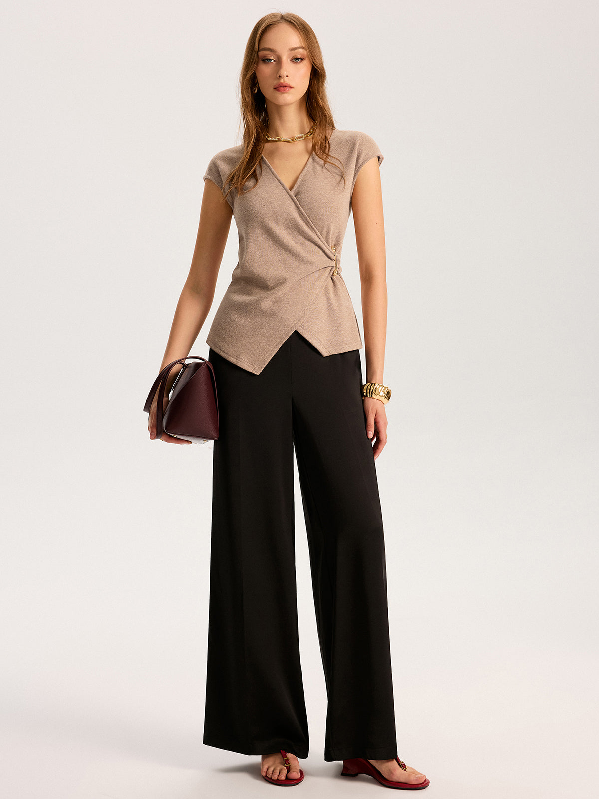 Metal Detail Cap Sleeve Knit Top-Chicvia