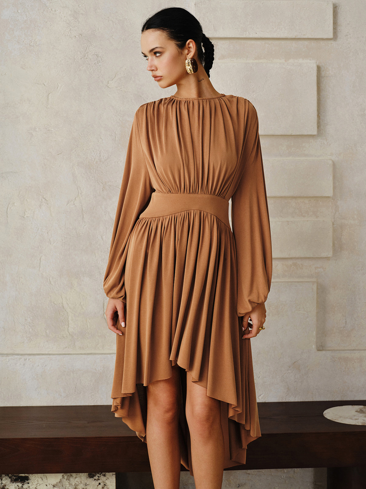 Long-Sleeve Pleated Asymmetric Midi Dress-Chicvia