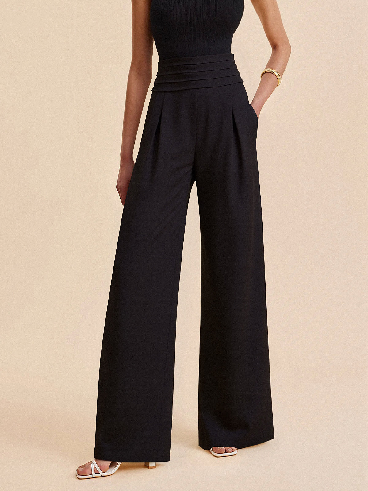 High-Waist Pleated-Waistband Wide-Leg Pants-Chicvia