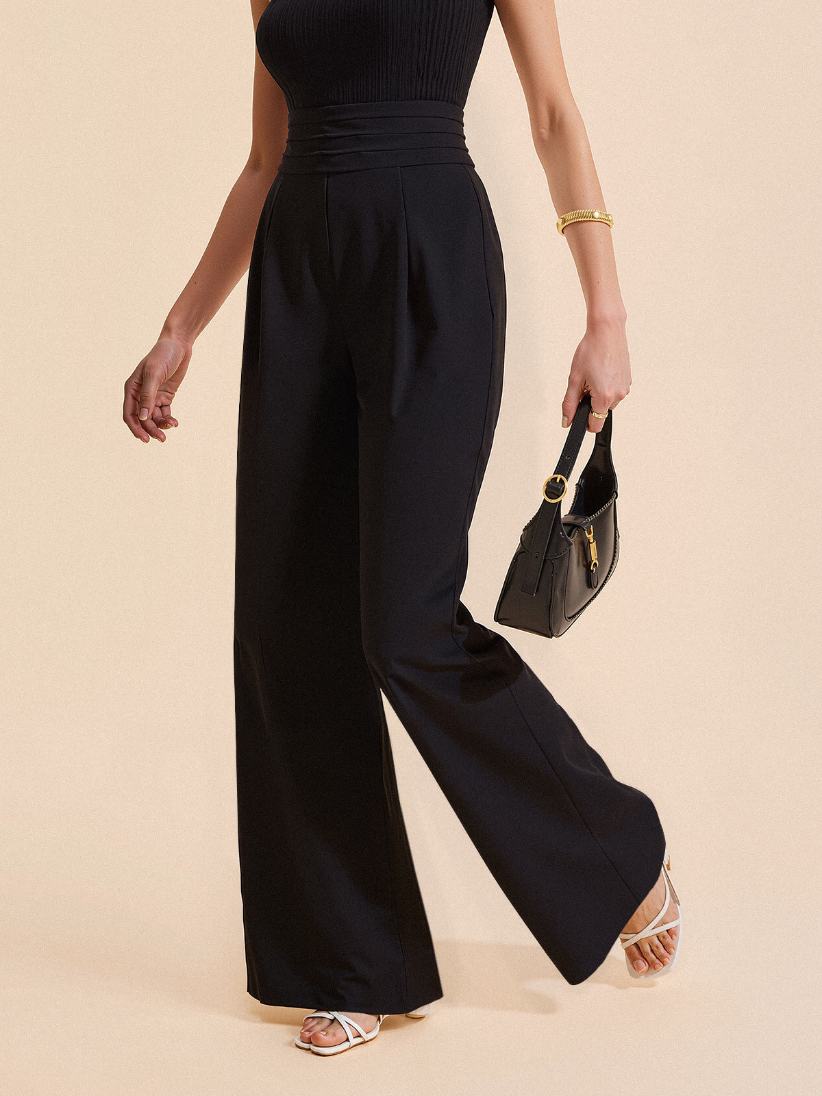 High-Waist Pleated-Waistband Wide-Leg Pants-Chicvia