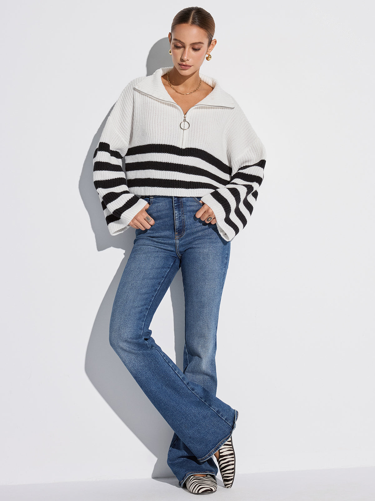 Half-Zip Striped Oversized Sweater-Chicvia