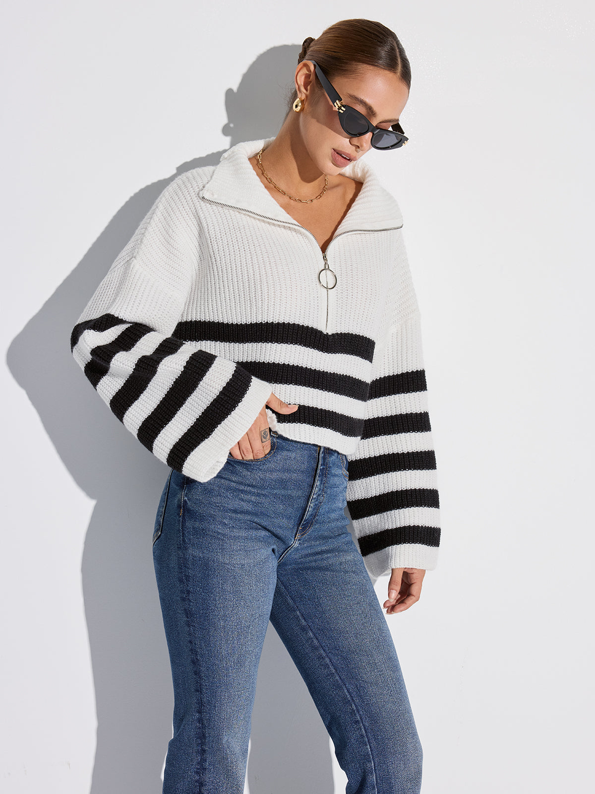 Half-Zip Striped Oversized Sweater-Chicvia