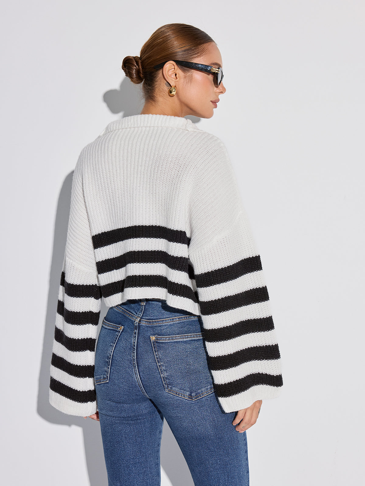 Half-Zip Striped Oversized Sweater-Chicvia