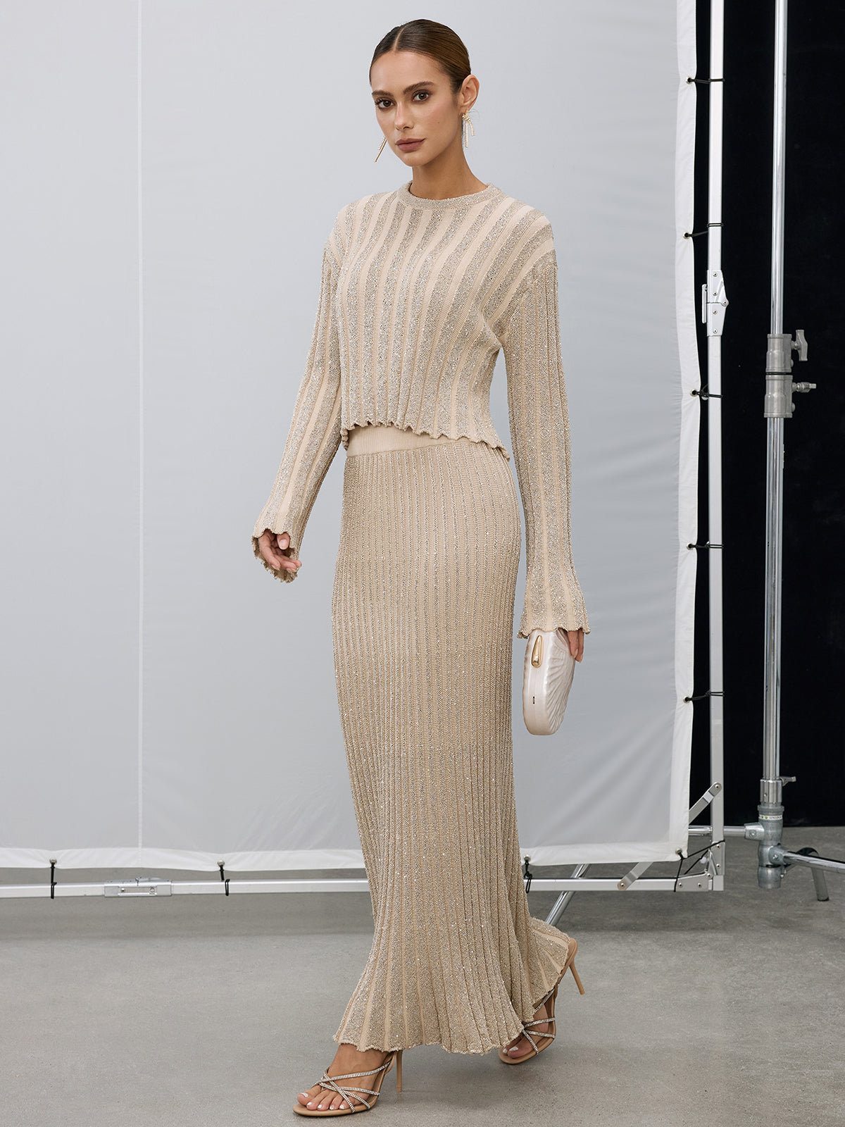 Glitter Textured Top and Maxi Skirt Set-Chicvia