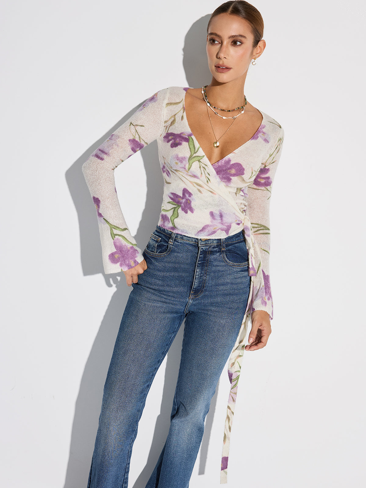 Floral Print Wrap Tie Knit Top-Chicvia