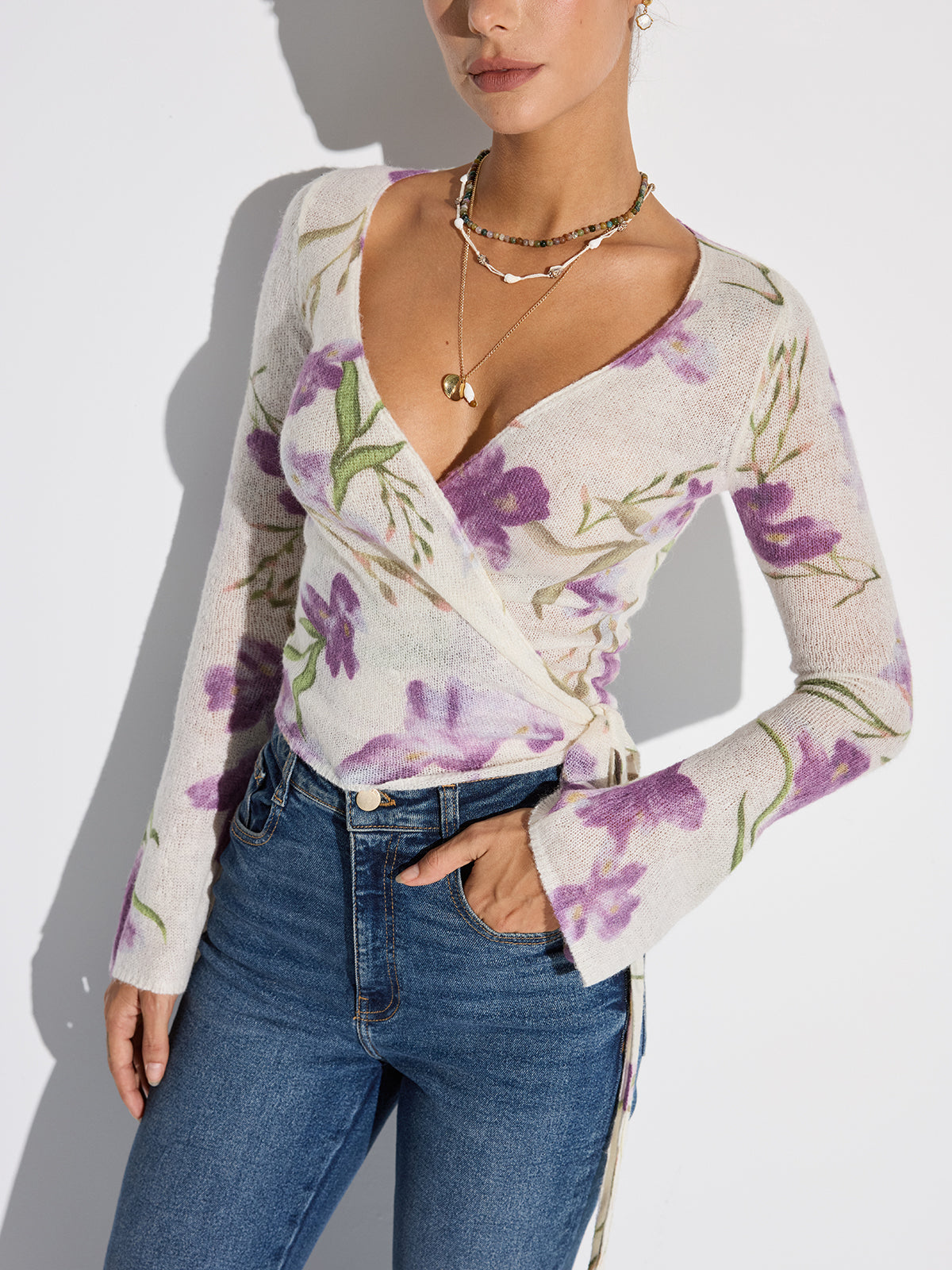Floral Print Wrap Tie Knit Top-Chicvia