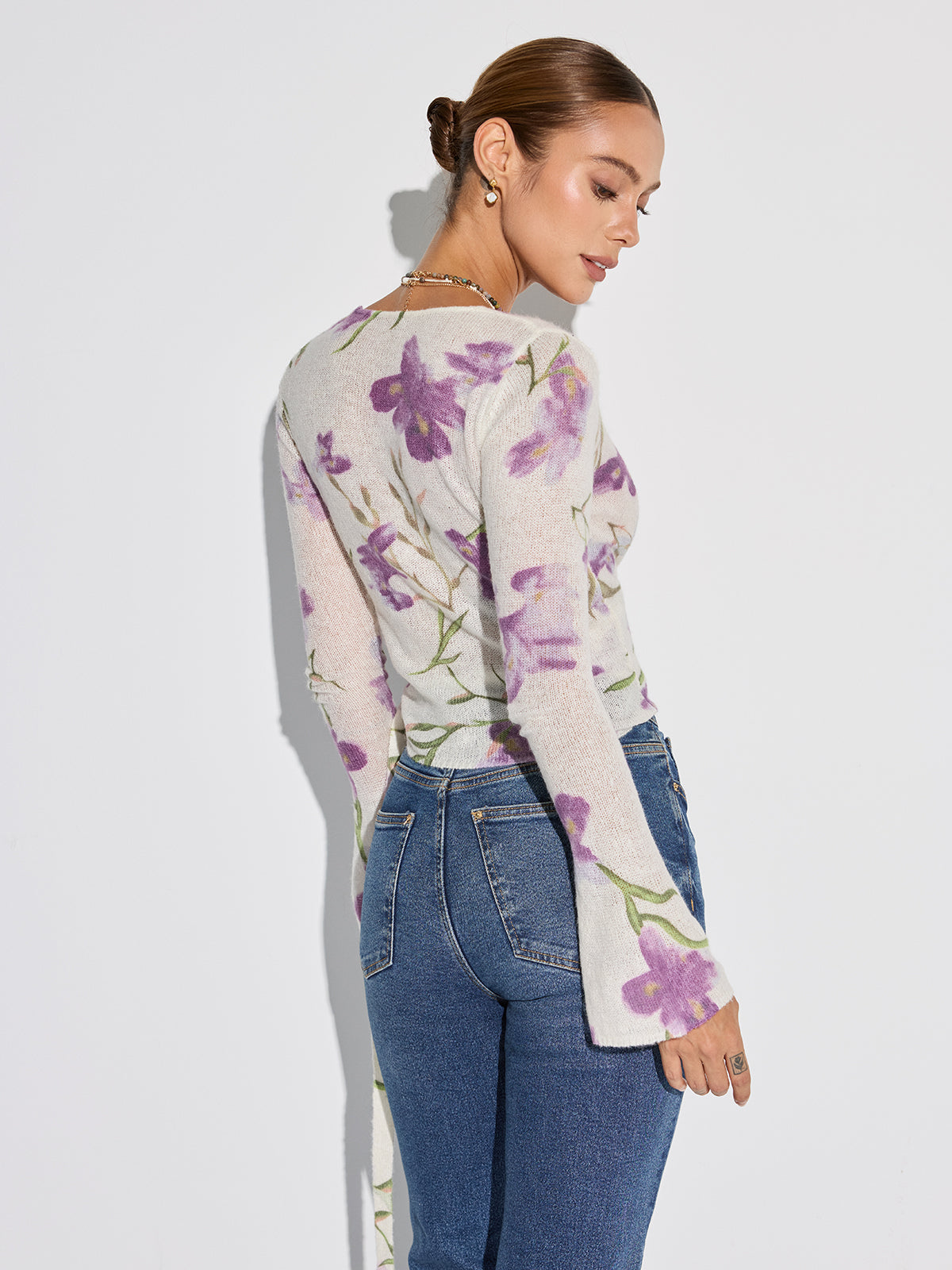 Floral Print Wrap Tie Knit Top-Chicvia