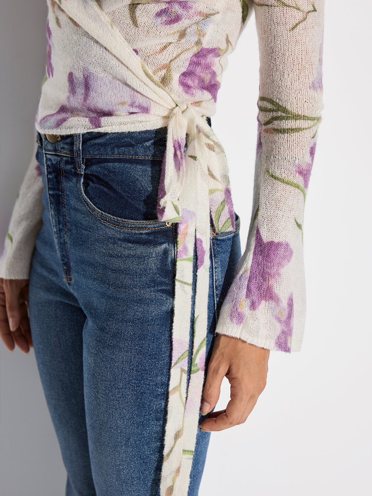 Floral Print Wrap Tie Knit Top-Chicvia