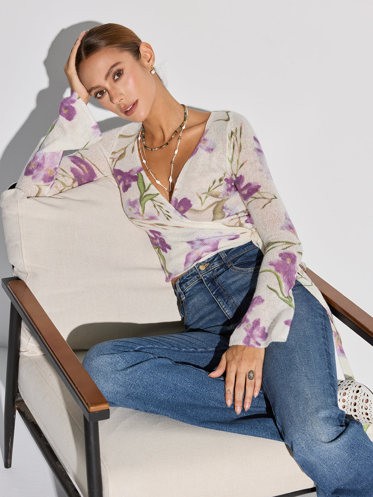 Floral Print Wrap Tie Knit Top-Chicvia