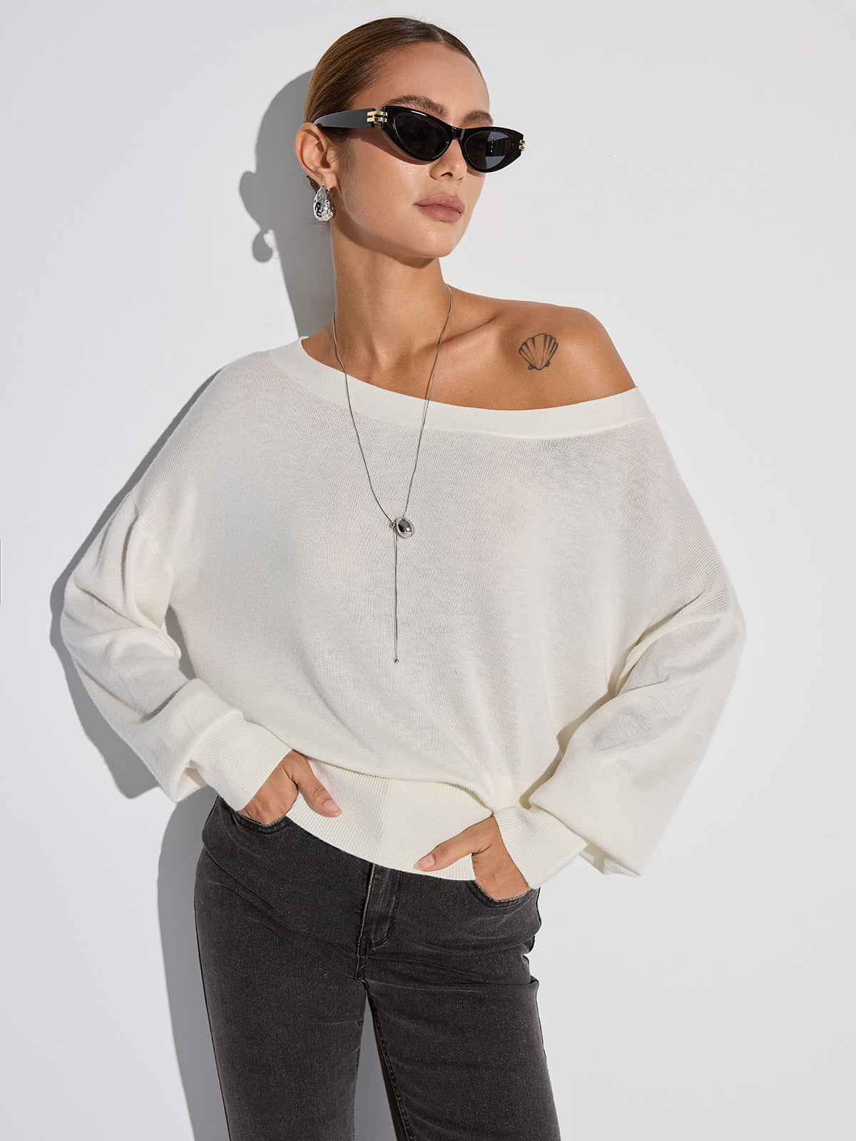 Off-Shoulder Oversized Knit Top-Chicvia