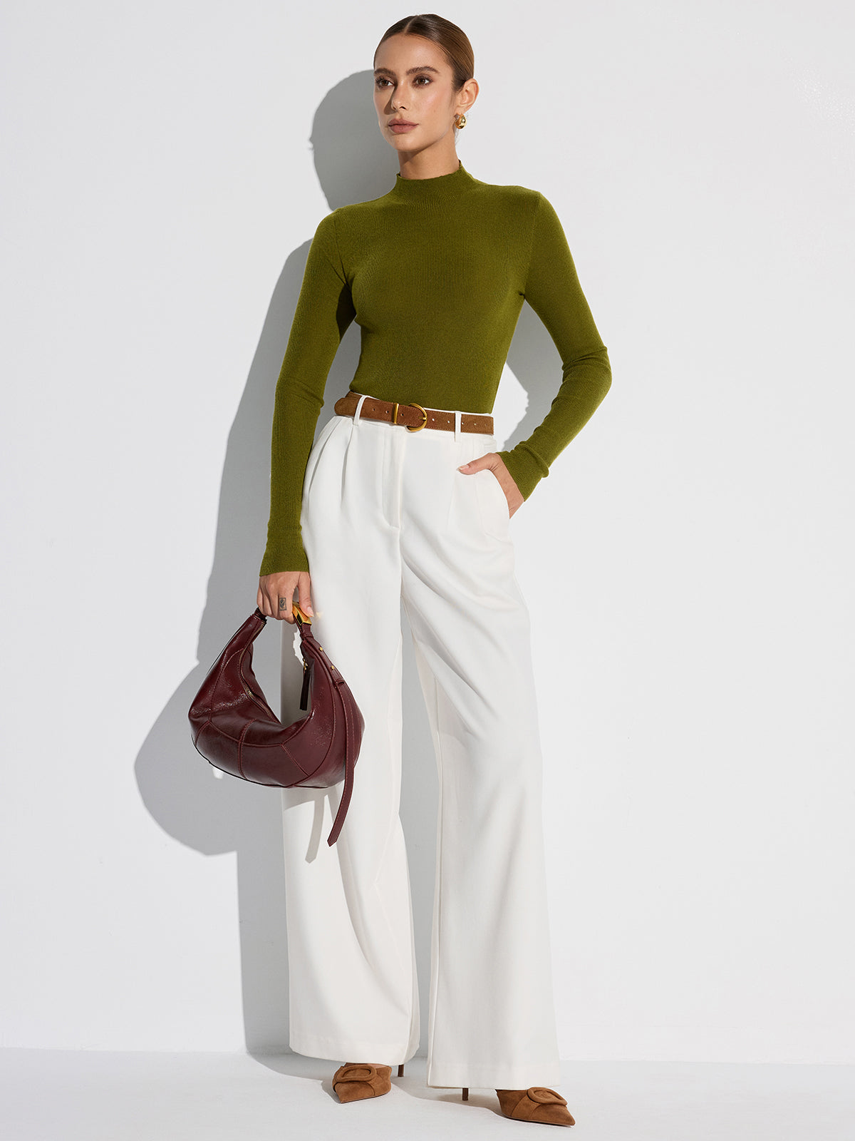 Mock Neck Wool-Blend Knit Top-Chicvia