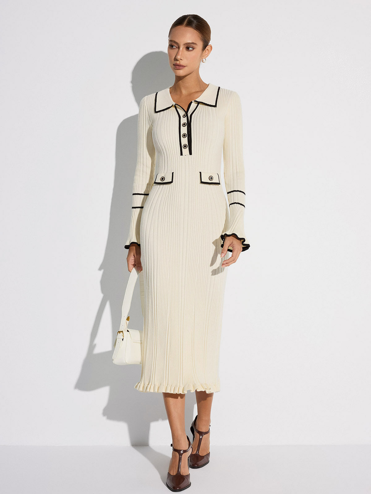 Contrast Trim Buttoned Ribbed Sweater Dress-Chicvia