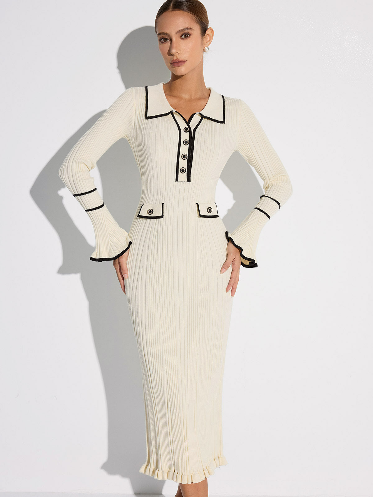 Contrast Trim Buttoned Ribbed Sweater Dress-Chicvia