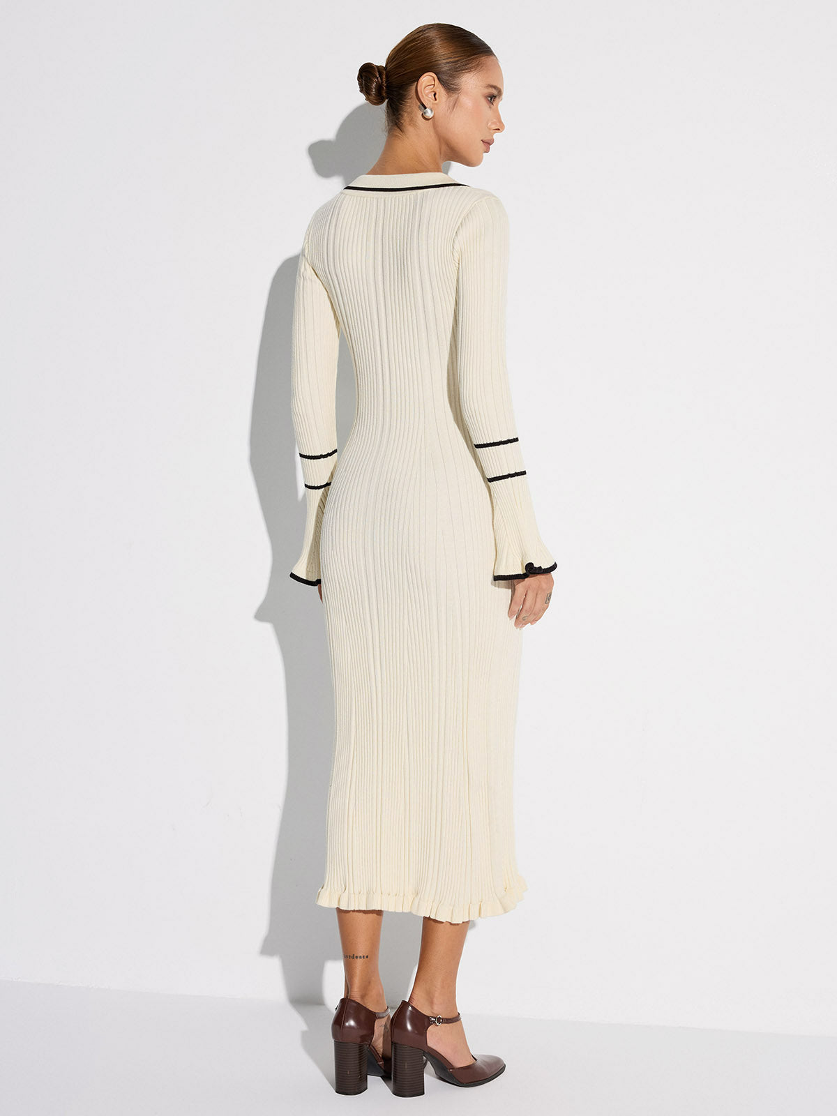 Contrast Trim Buttoned Ribbed Sweater Dress-Chicvia