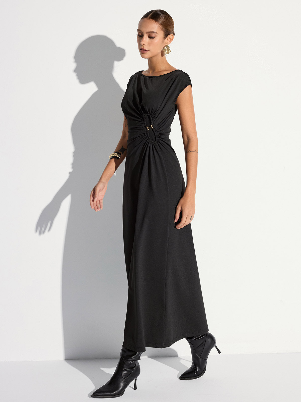 Cap Sleeve Ruched Backless Maxi Dress-Chicvia