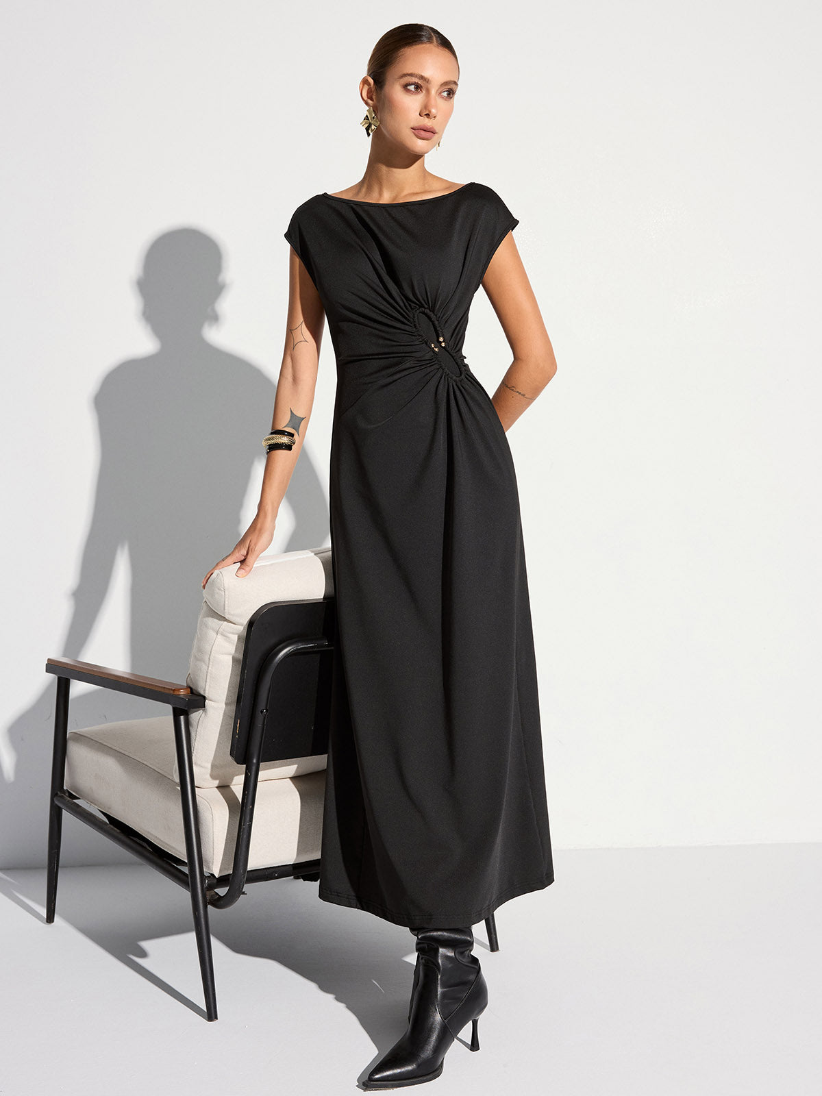 Cap Sleeve Ruched Backless Maxi Dress-Chicvia