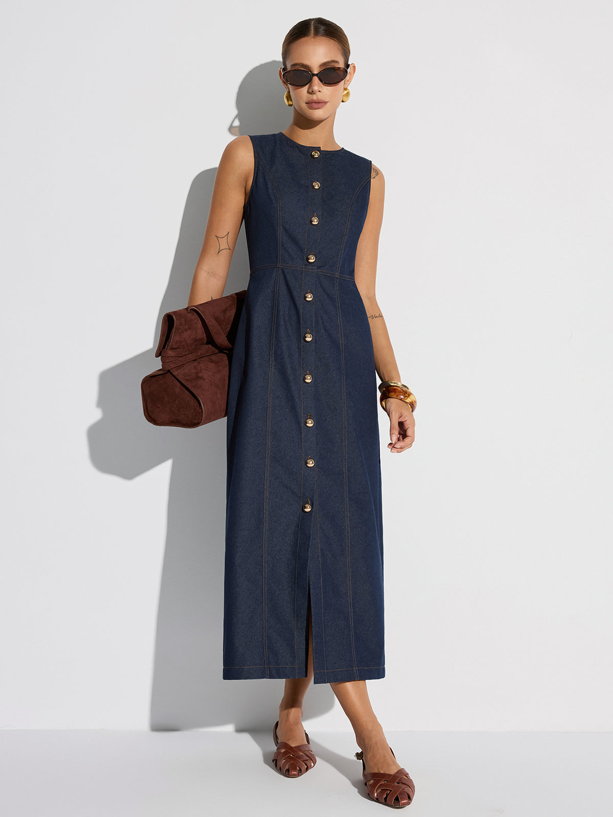 Button-Front Sleeveless Denim Maxi Dress-Chicvia