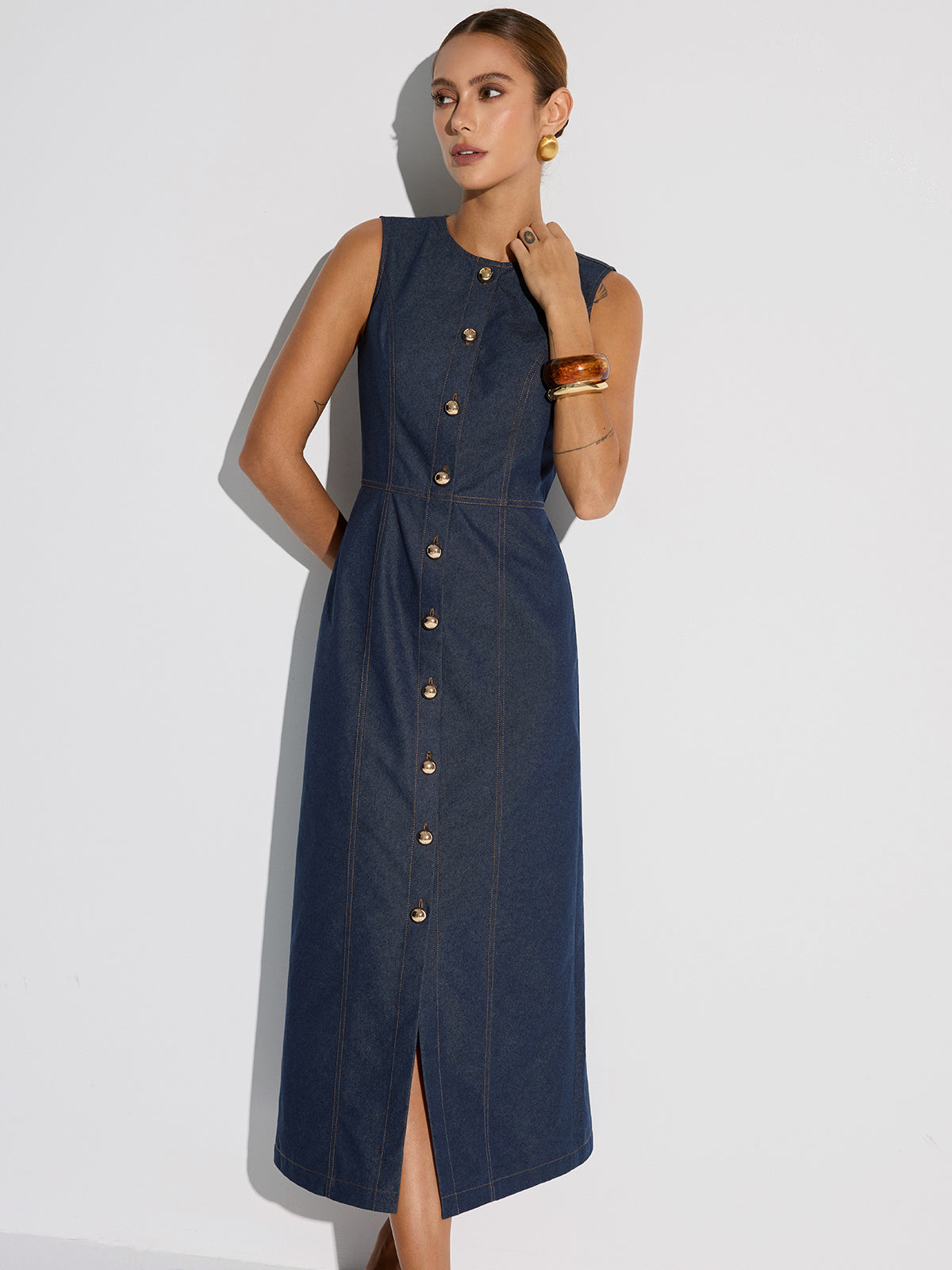Button-Front Sleeveless Denim Maxi Dress-Chicvia