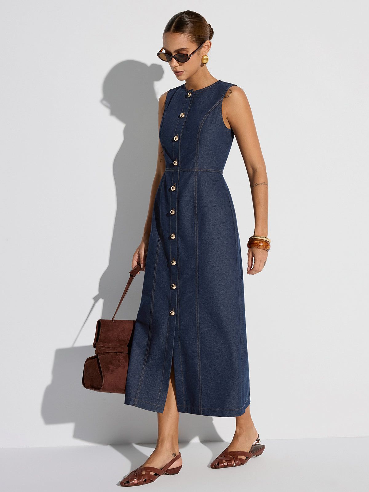 Button-Front Sleeveless Denim Maxi Dress-Chicvia