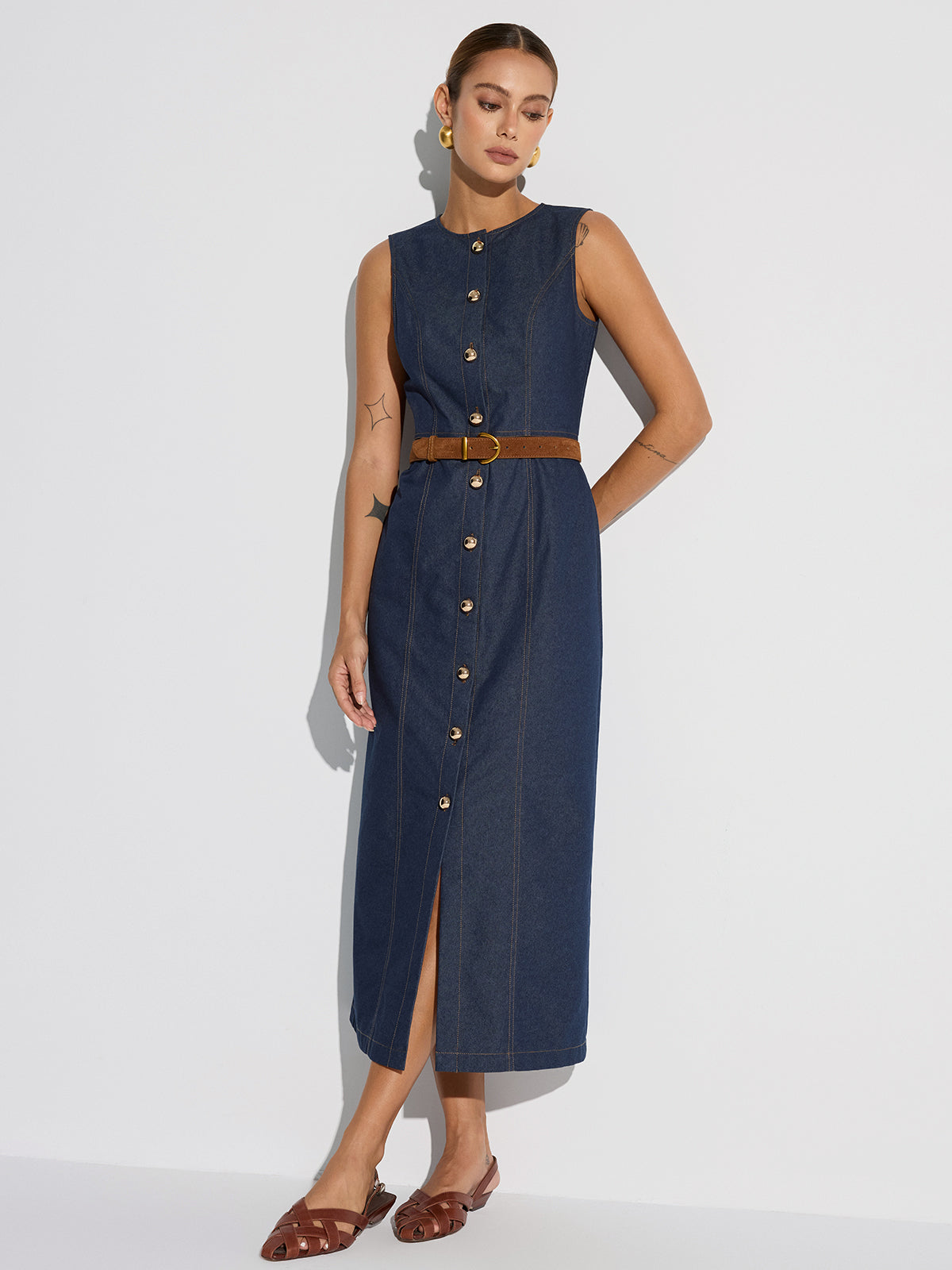 Button-Front Sleeveless Denim Maxi Dress-Chicvia