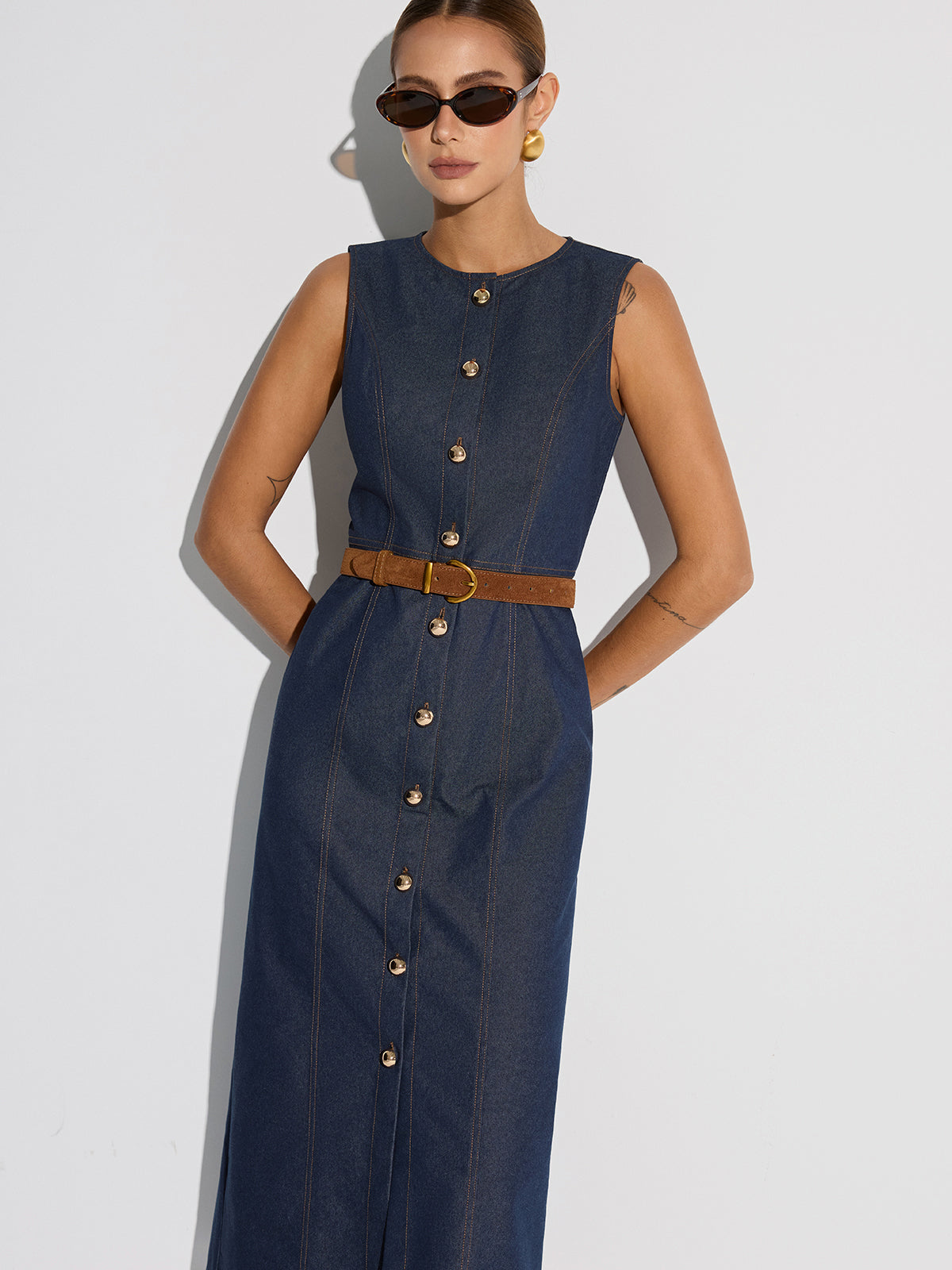 Button-Front Sleeveless Denim Maxi Dress-Chicvia