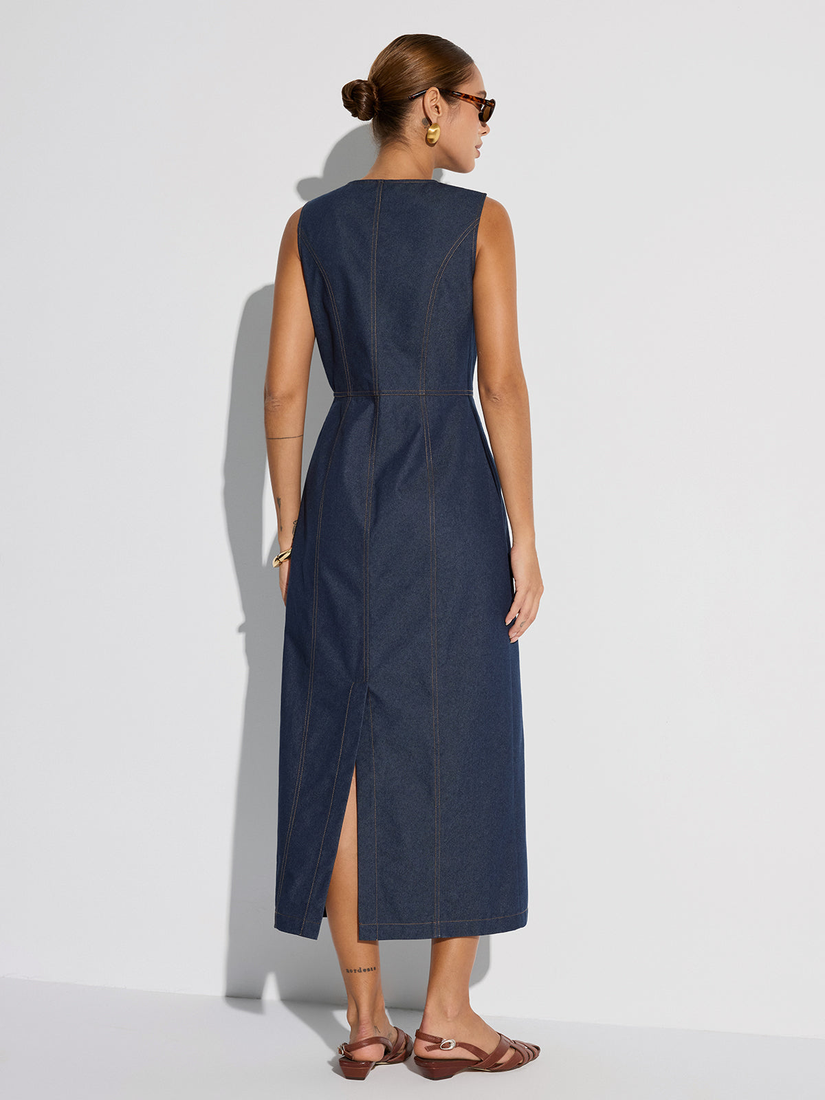 Button-Front Sleeveless Denim Maxi Dress-Chicvia