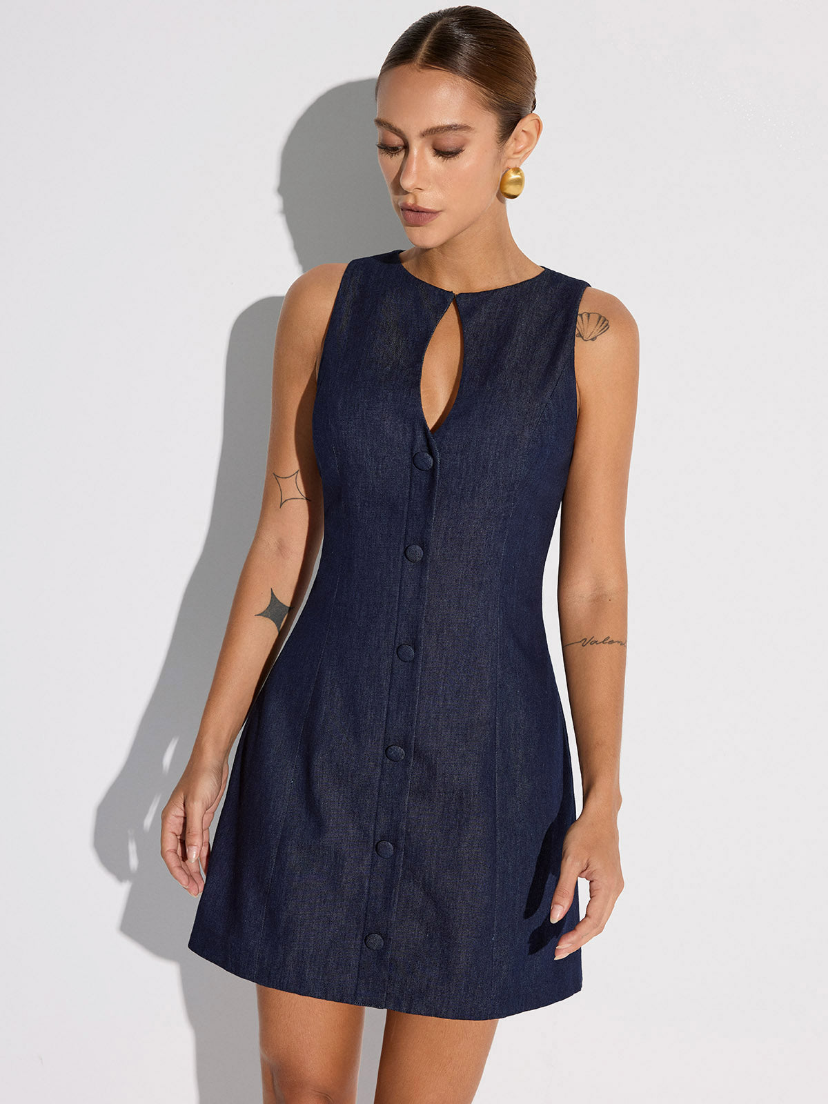 Keyhole Neckline Button Denim Mini Dress-Chicvia