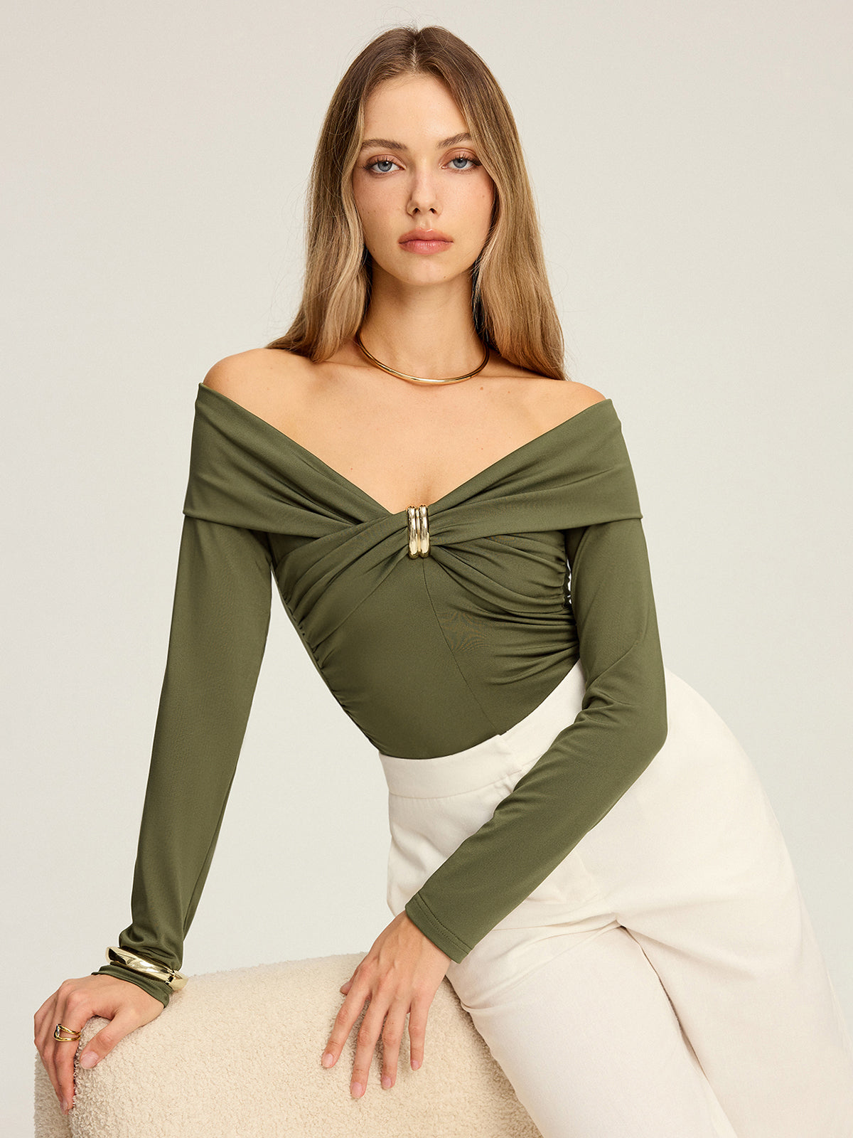 Metal Detail Off-Shoulder Long Sleeve Blouse-Chicvia
