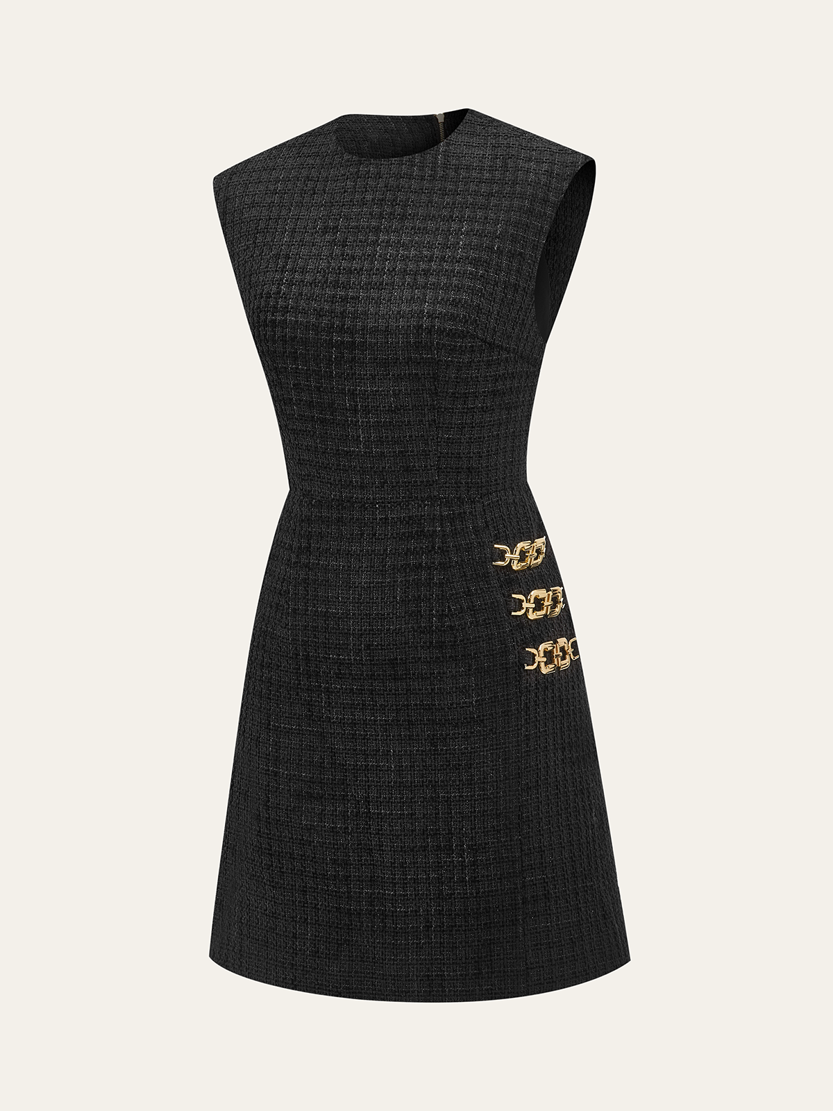 Chain Detail Tweed Sleeveless Mini Dress-Chicvia