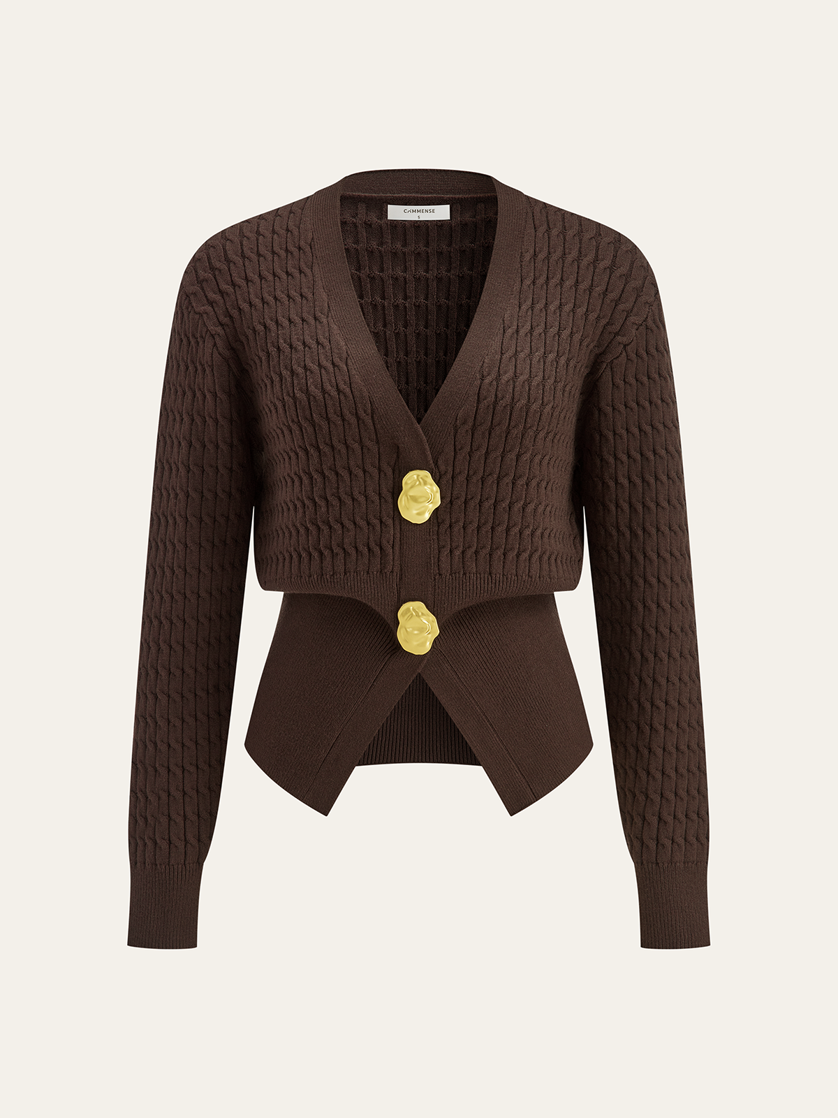 Metal Button V-Neck Cable Knit Outerwear-Chicvia