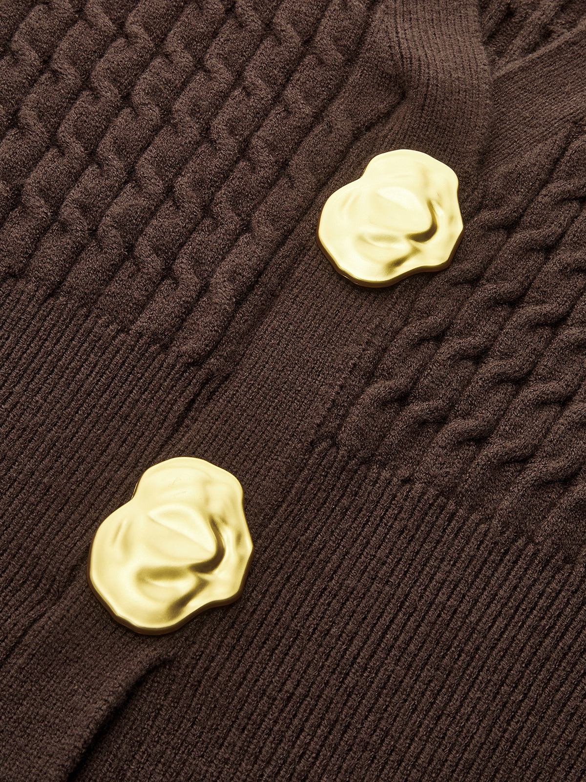 Metal Button V-Neck Cable Knit Outerwear-Chicvia