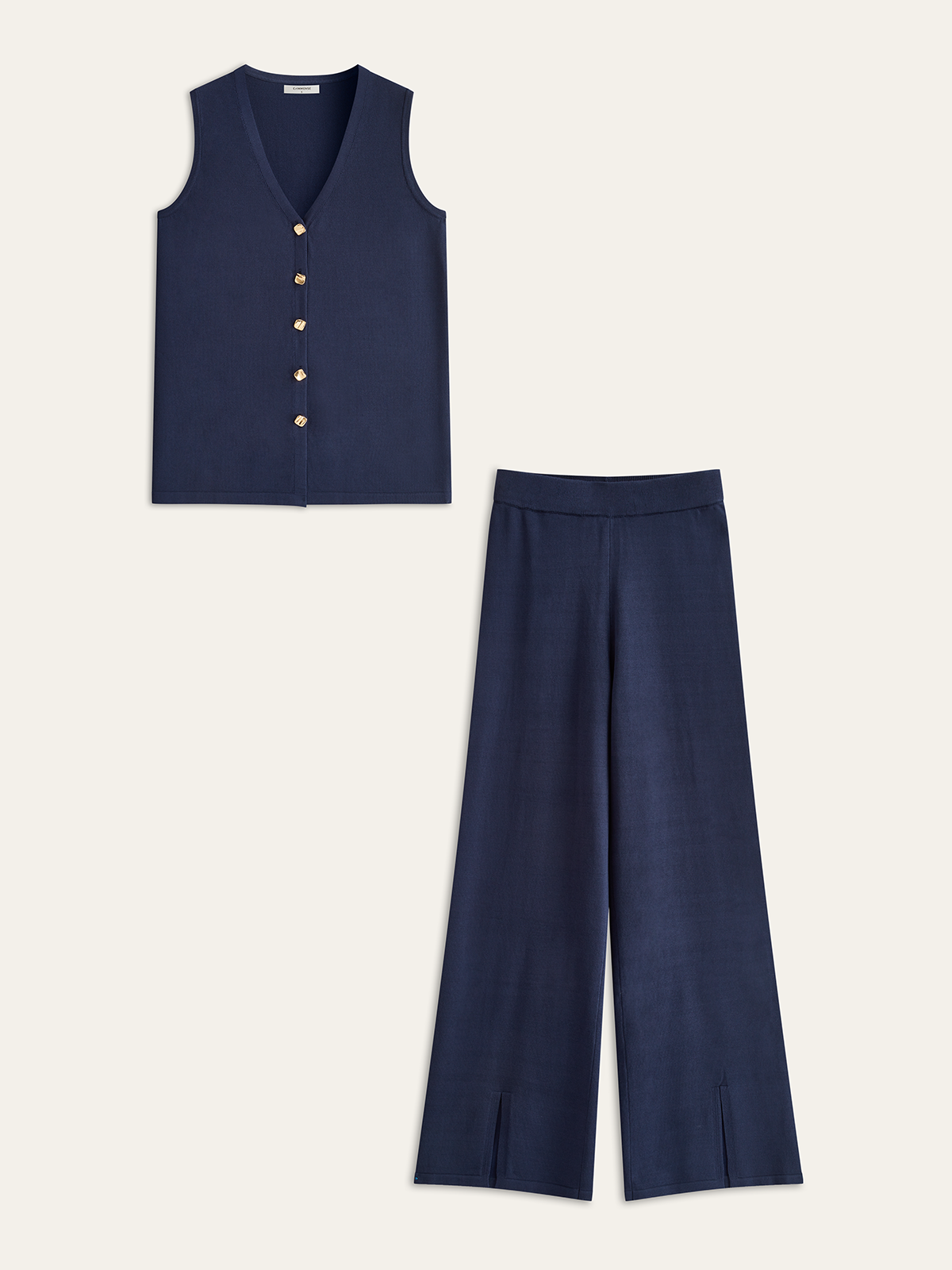 Golden Button Knit Vest Pants Set-Chicvia