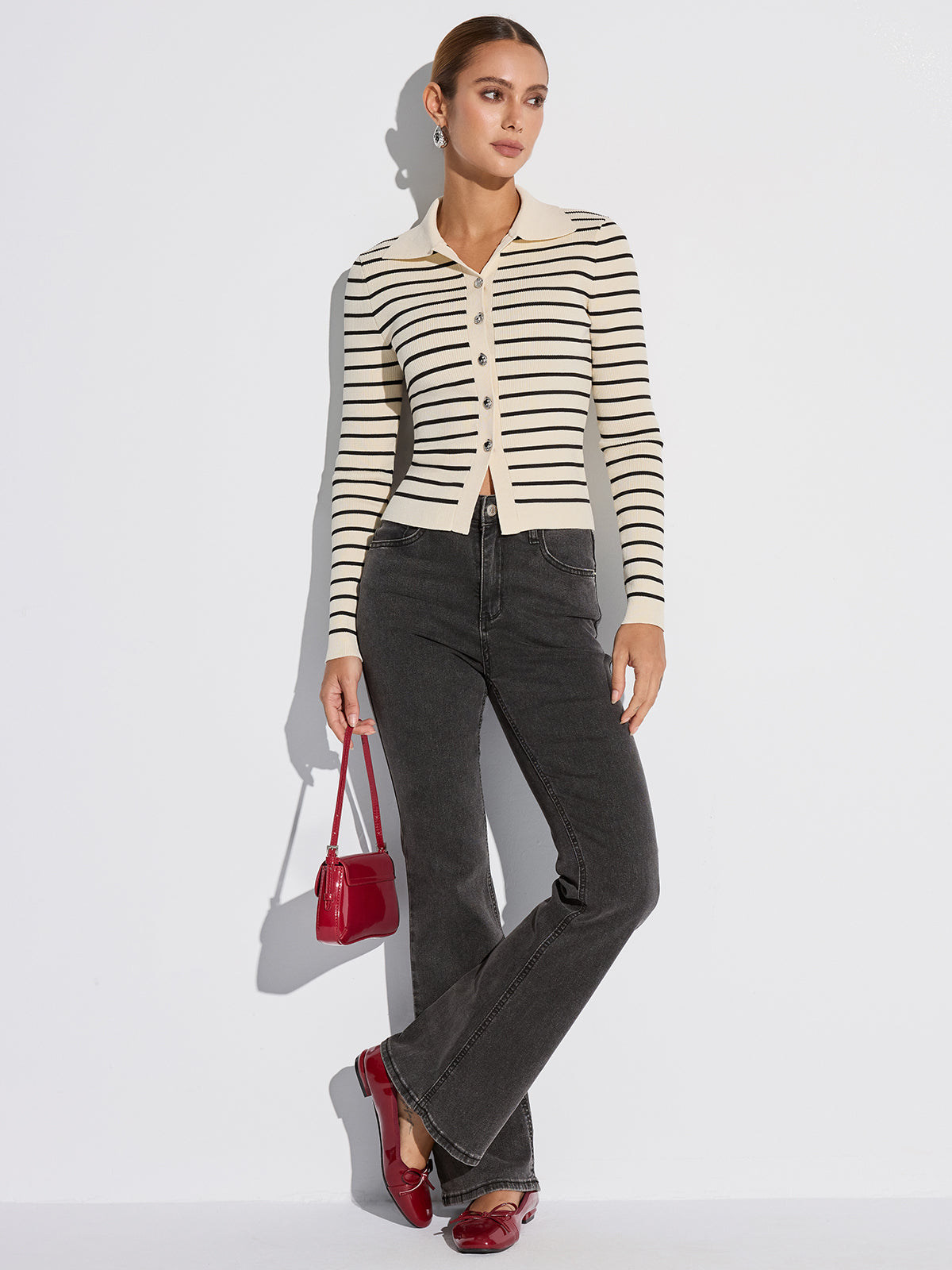 Metal Button Striped Collared Cardigan-Chicvia