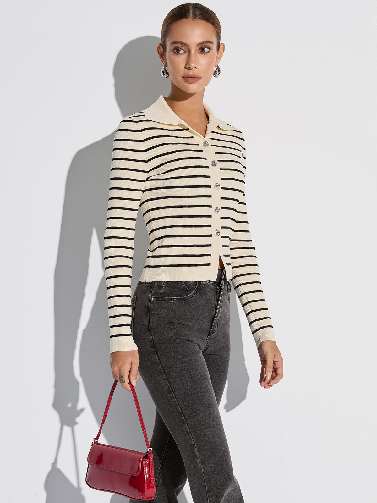 Metal Button Striped Collared Cardigan-Chicvia