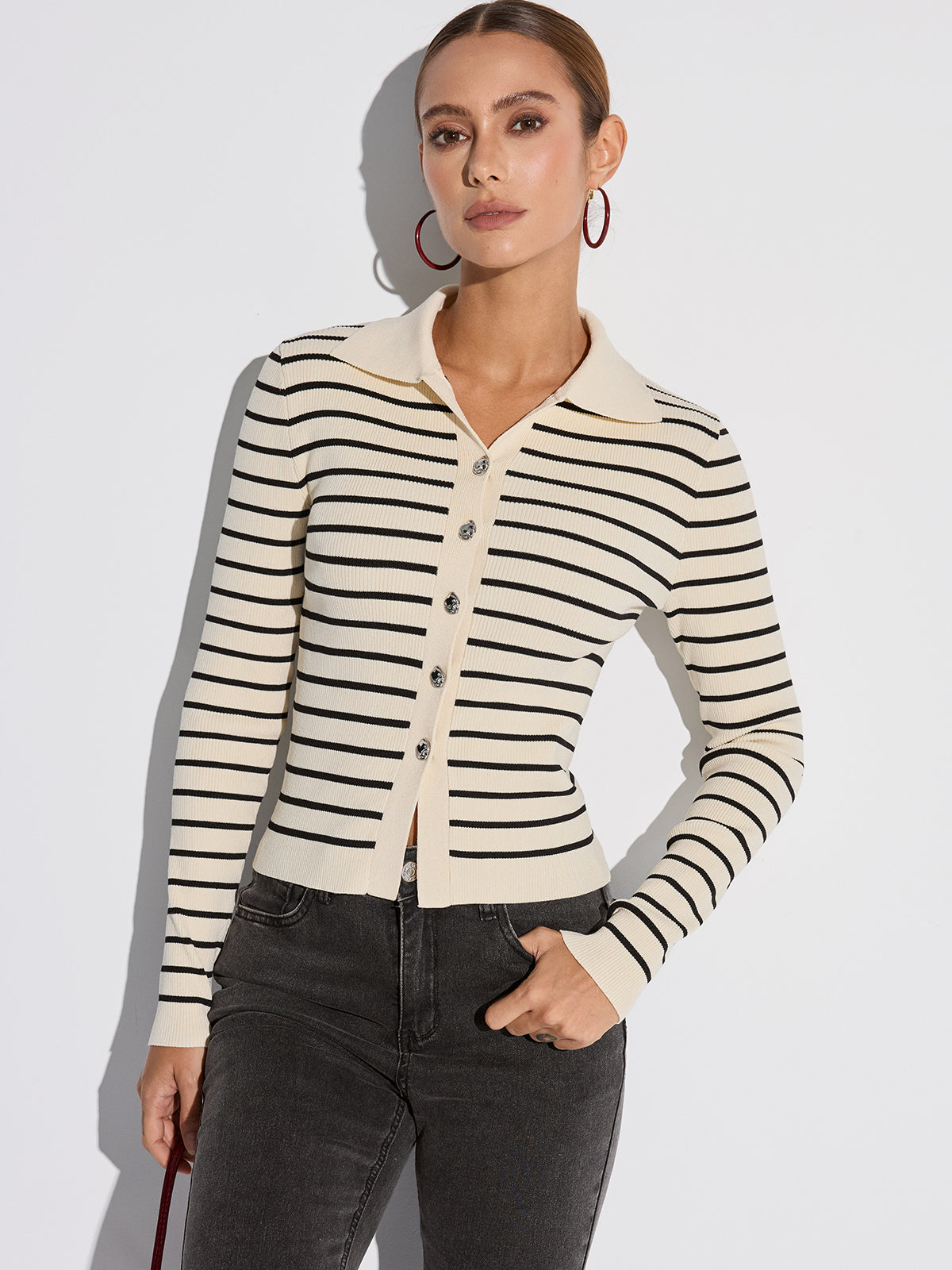 Metal Button Striped Collared Cardigan-Chicvia