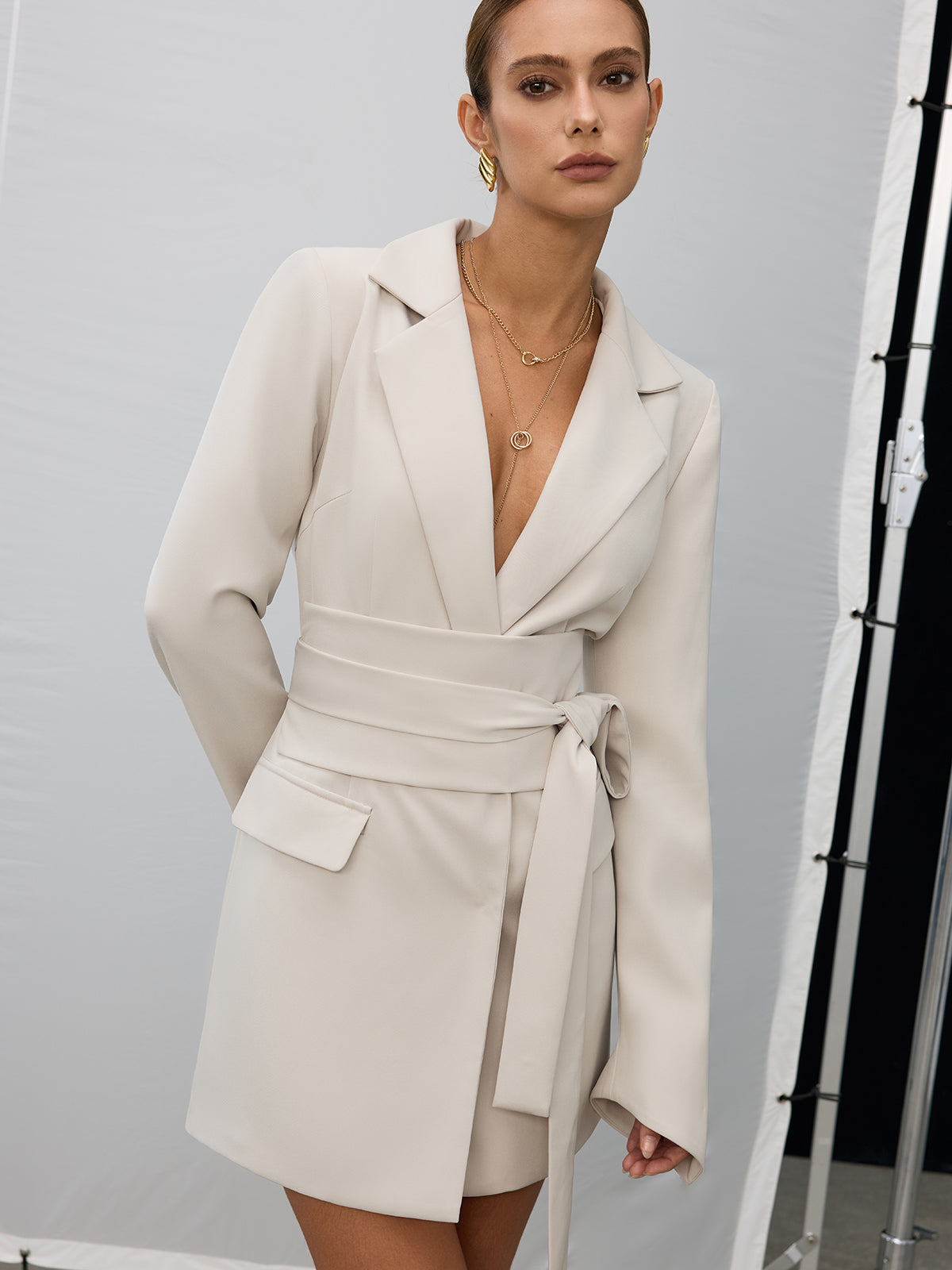 Double-Breasted Belted Blazer Dress-Chicvia