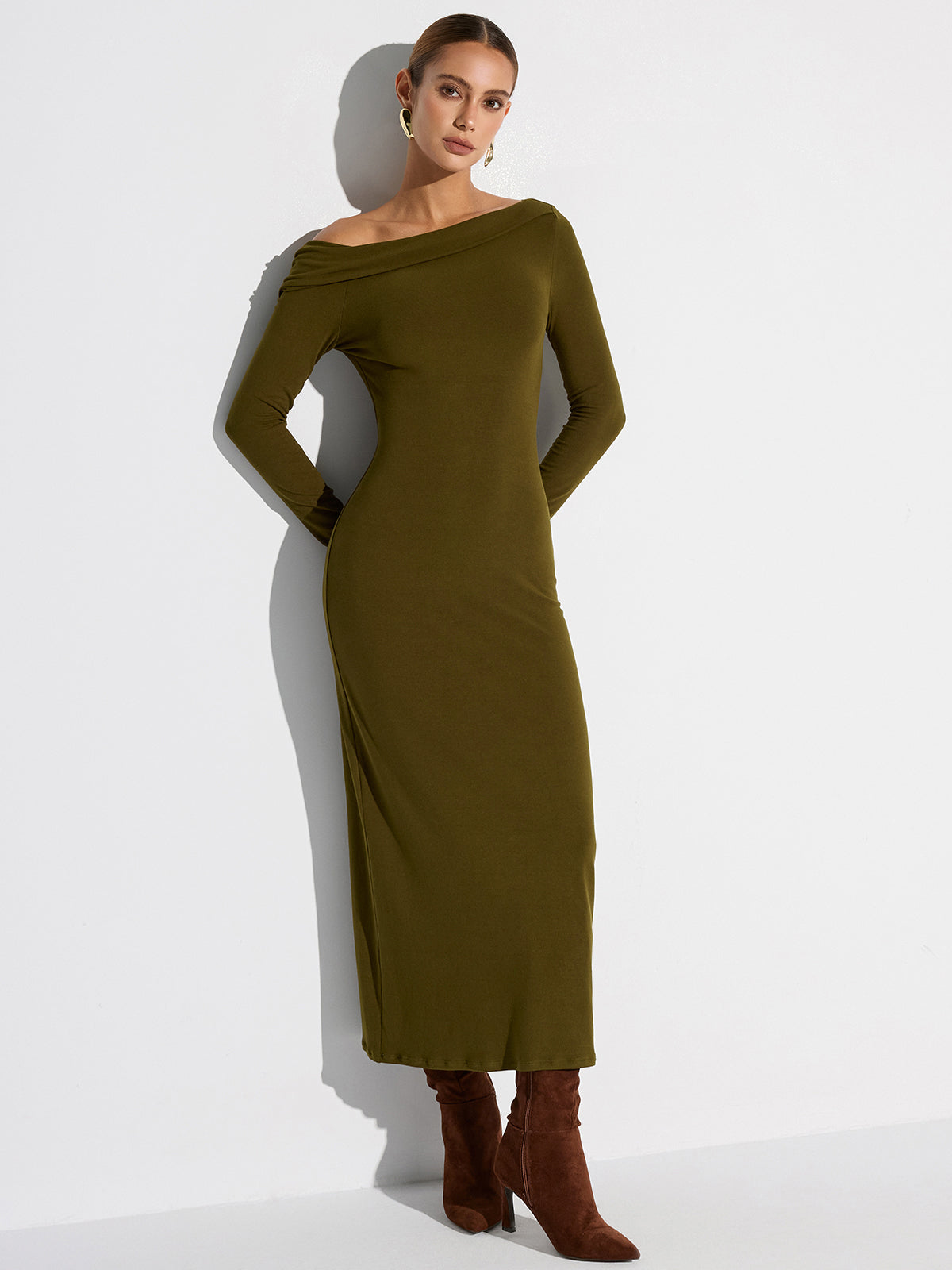 Off-Shoulder Long Sleeve Maxi Dress-Chicvia