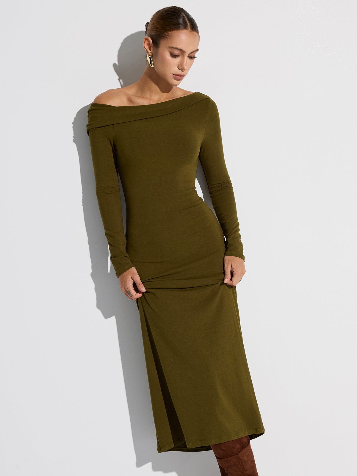 Off-Shoulder Long Sleeve Maxi Dress-Chicvia