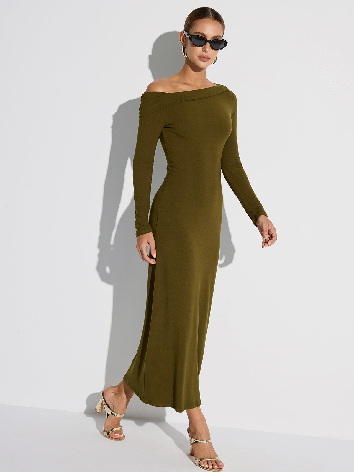 Off-Shoulder Long Sleeve Maxi Dress-Chicvia