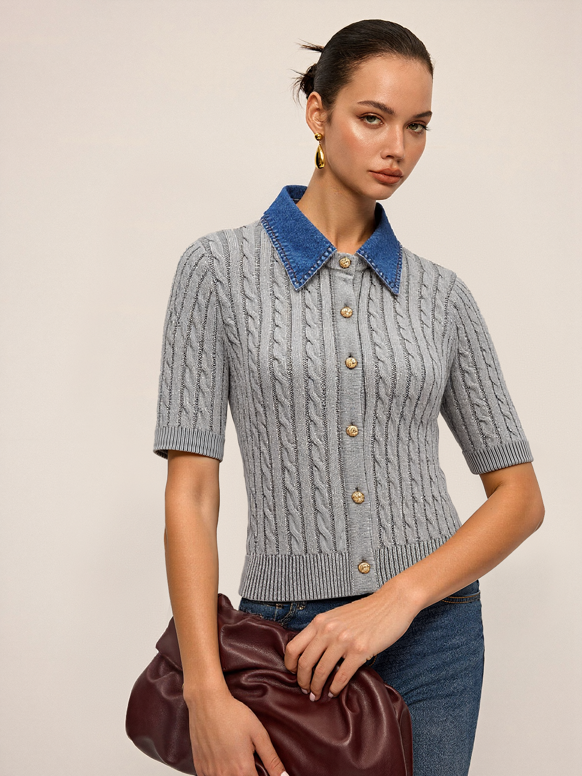 Metal Button Denim Collar Cable-Knit Top-Chicvia