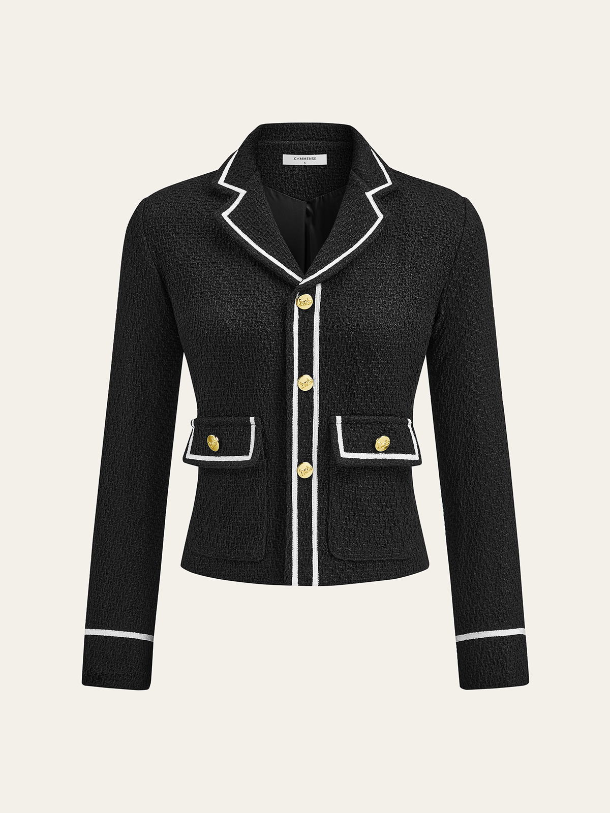 Contrast Trim Metal Button Tweed Blazer-Chicvia