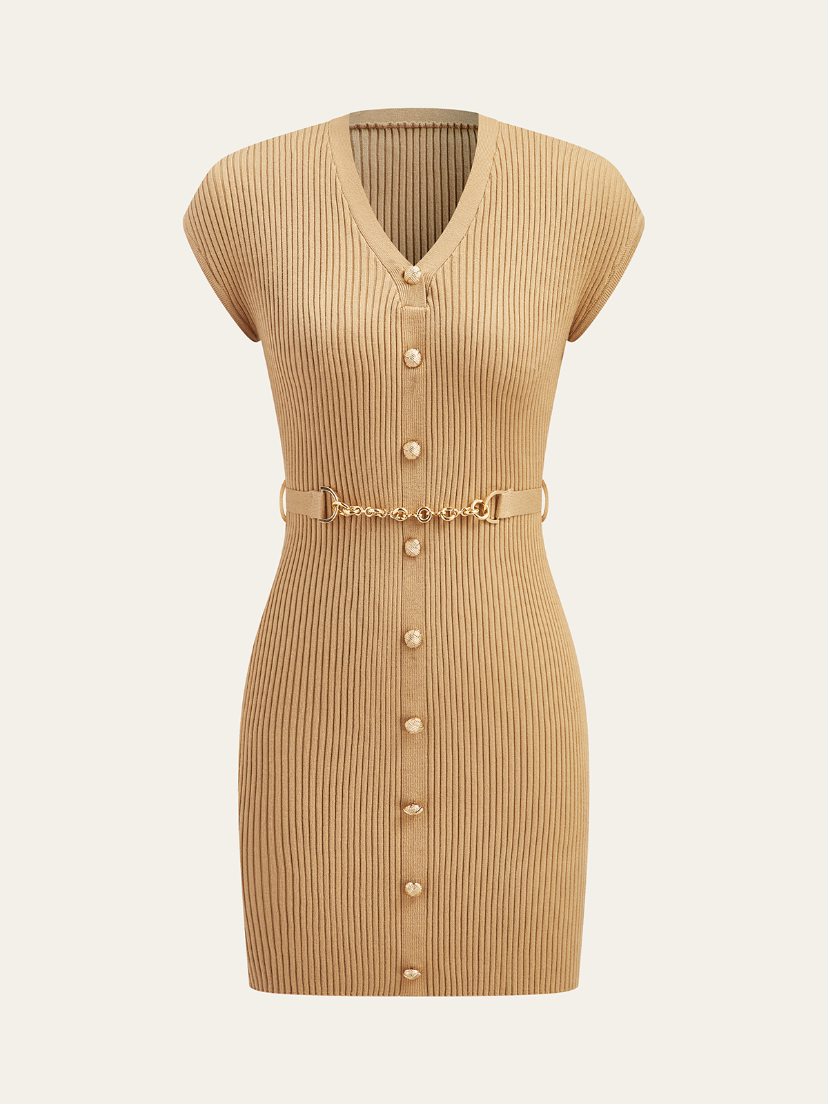 Knit Dress with Buttons and Matching Belt-Chicvia