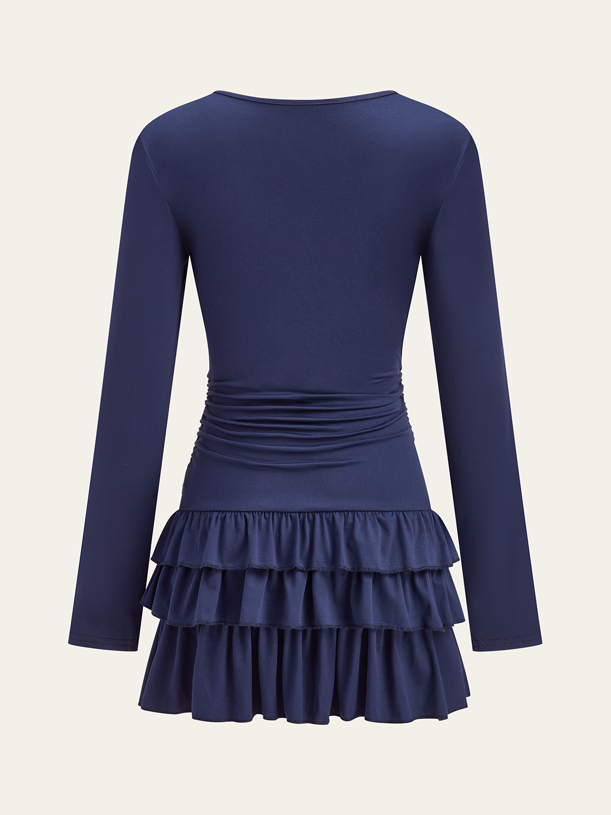 Long Sleeve Ruched Waist Layered Ruffle Dress-Chicvia