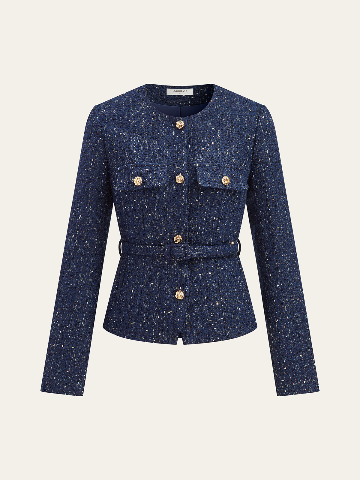 Metallic Button Tweed Jacket-Chicvia