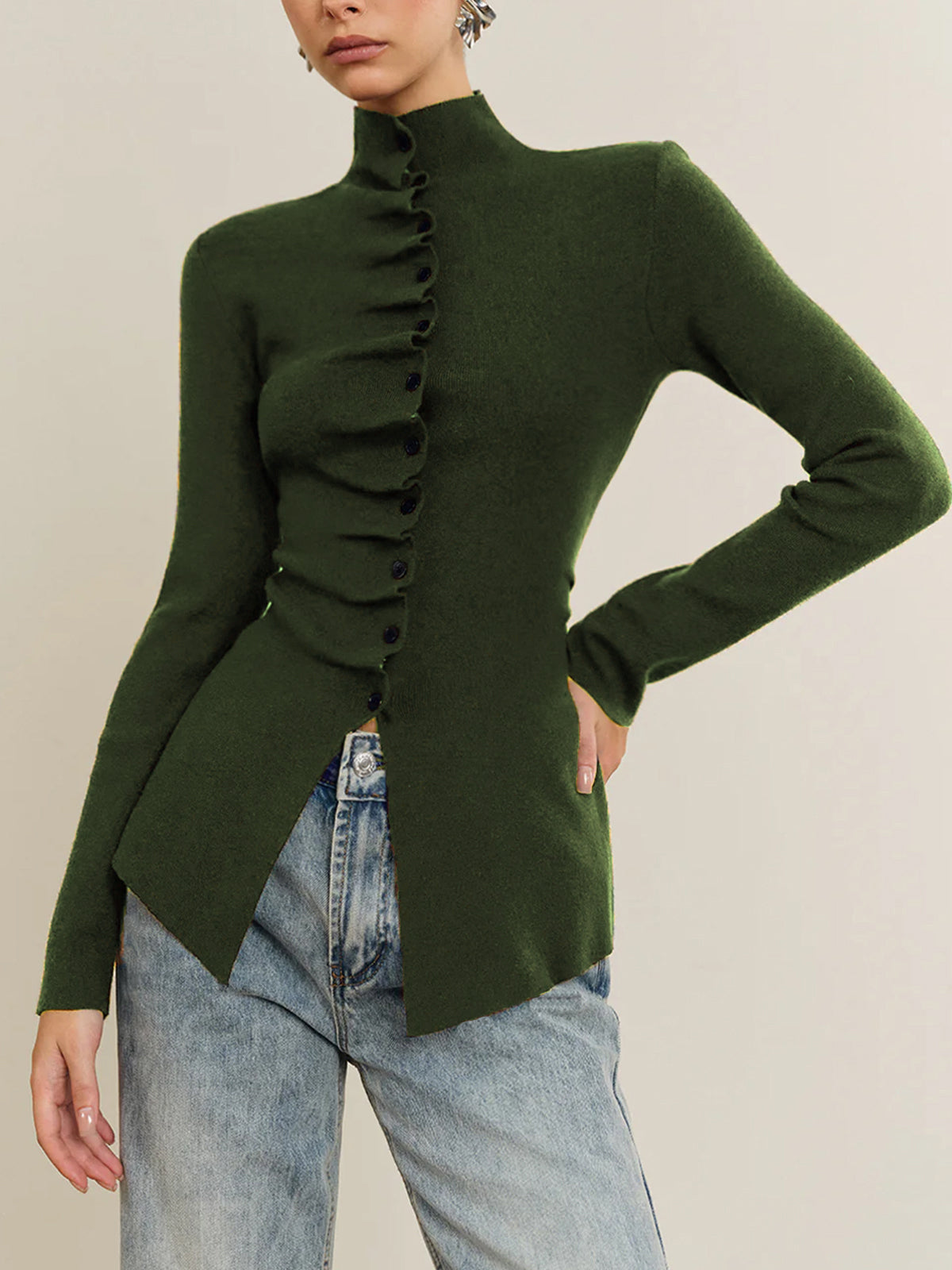 Button Pleated Split Knit Top-Chicvia